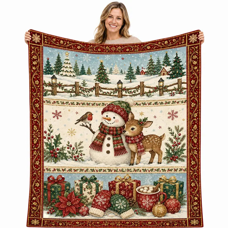 Vintage Snowman & Deer Character-Themed Decorative Blanket - 60in x 80in 100% Polyester Super Soft Cozy Flannel Throw, Indoor Bed/Couch Use, Christmas Gift for Family, Sohochic Statement Blanket